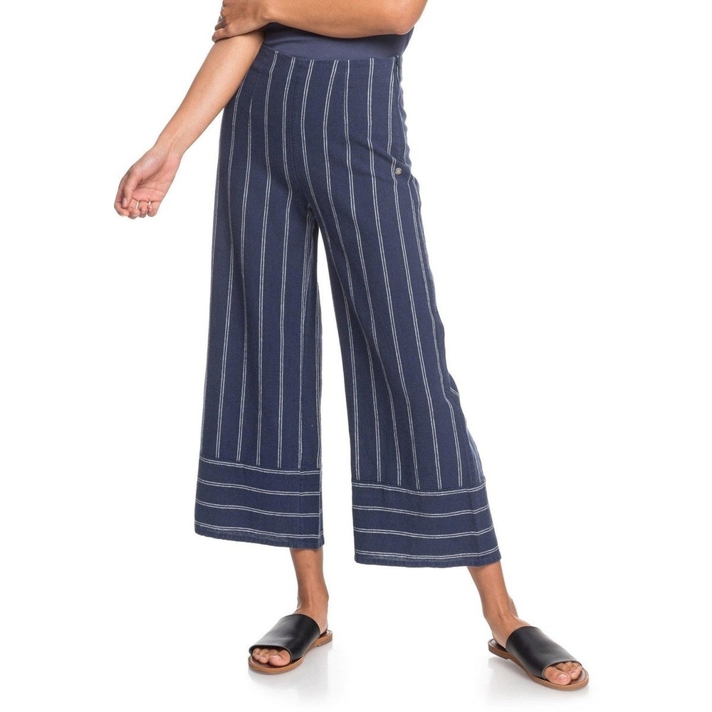 Roxy Blue White Striped Tell Me Ok High Waist Linen Wide Leg Cropped Pants XL